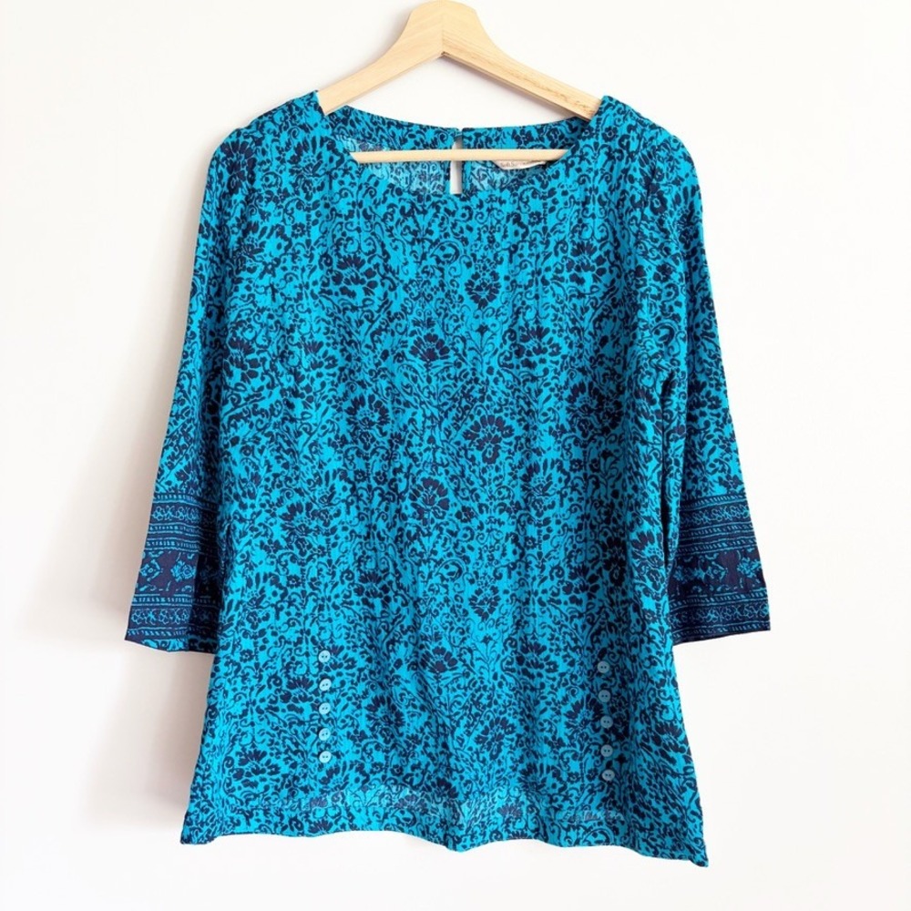 Soft Surroundings Oceo Crinkle Gauze Tunic Medium Turquoise Navy Floral Damask